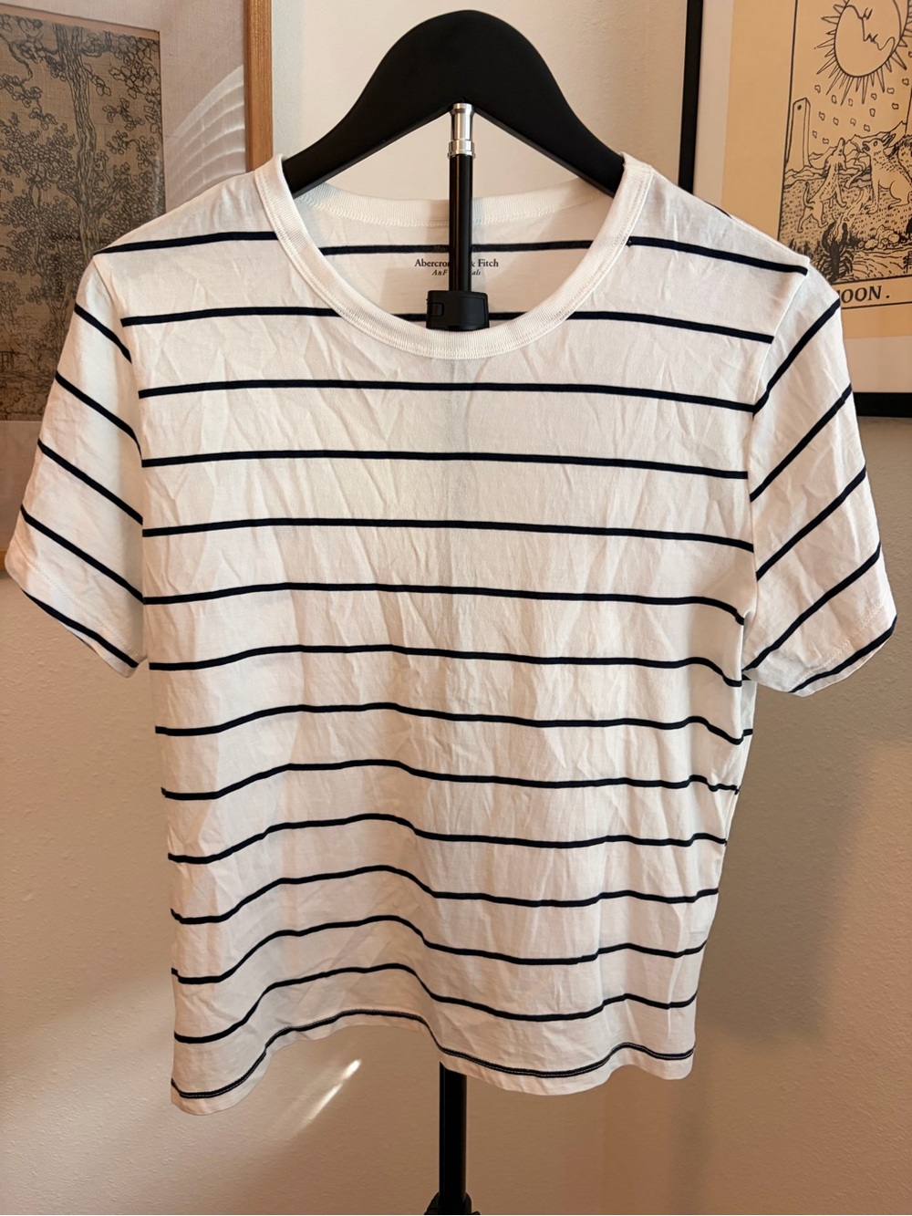 Abercrombie & Fitch 100% Cotton White Tee with Navy Stripes